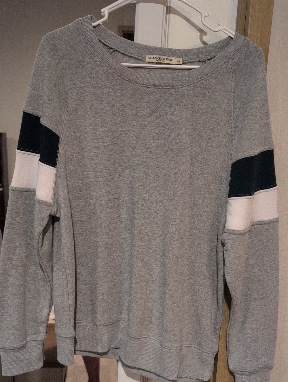 Chance or Fate Grey Crewneck Sweater with Black and White Sleeve Stripes